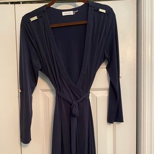 Navy Calvin Klein wrap dress with metal accents